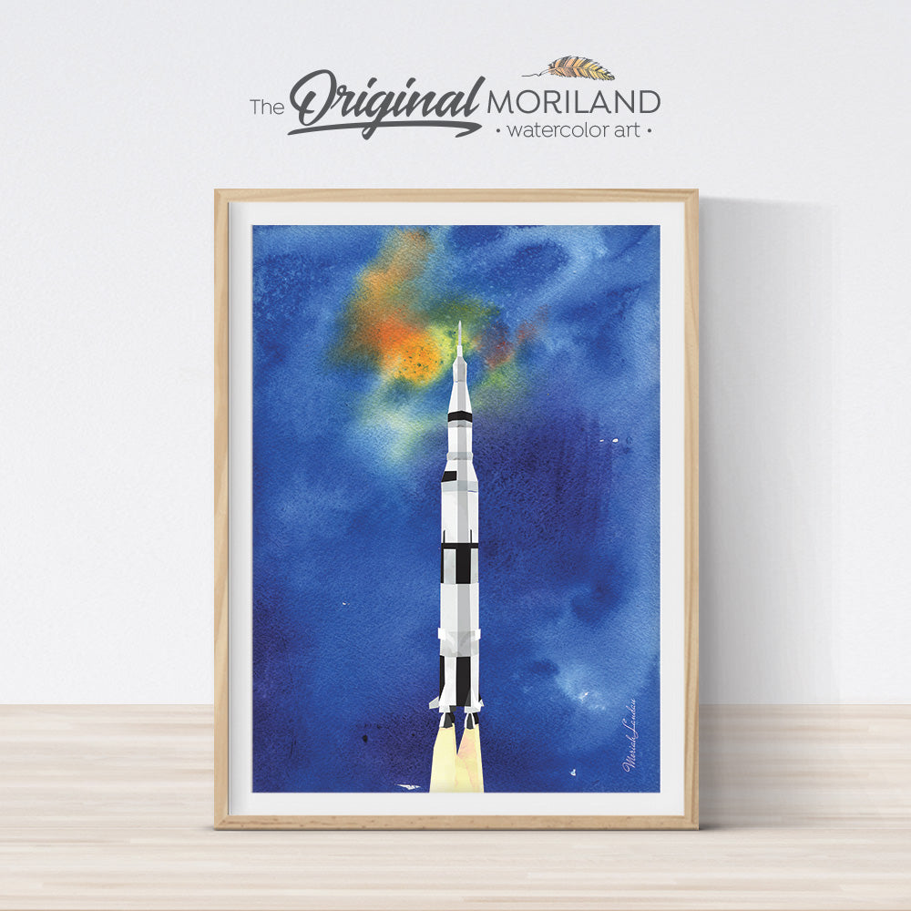 watercolor space rocket spacecraft wall art print for kids room and nursery decor