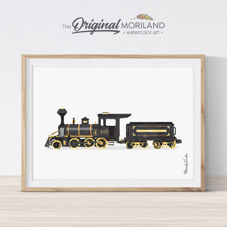 Black Watercolor Train Wall Art for Kids Room Decor