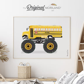 School Bus Monster Truck Fine Art Paper Print, SUV Print, Police Car Art, Car Print, School Bus Decor, Transportation Decor, Vehicle Print, Vehicle Art, Bus Boy Bedroom Ideas, Automobile Art, Kid Room Decor, Classroom Wall Art, Kids Poster by MORILAND