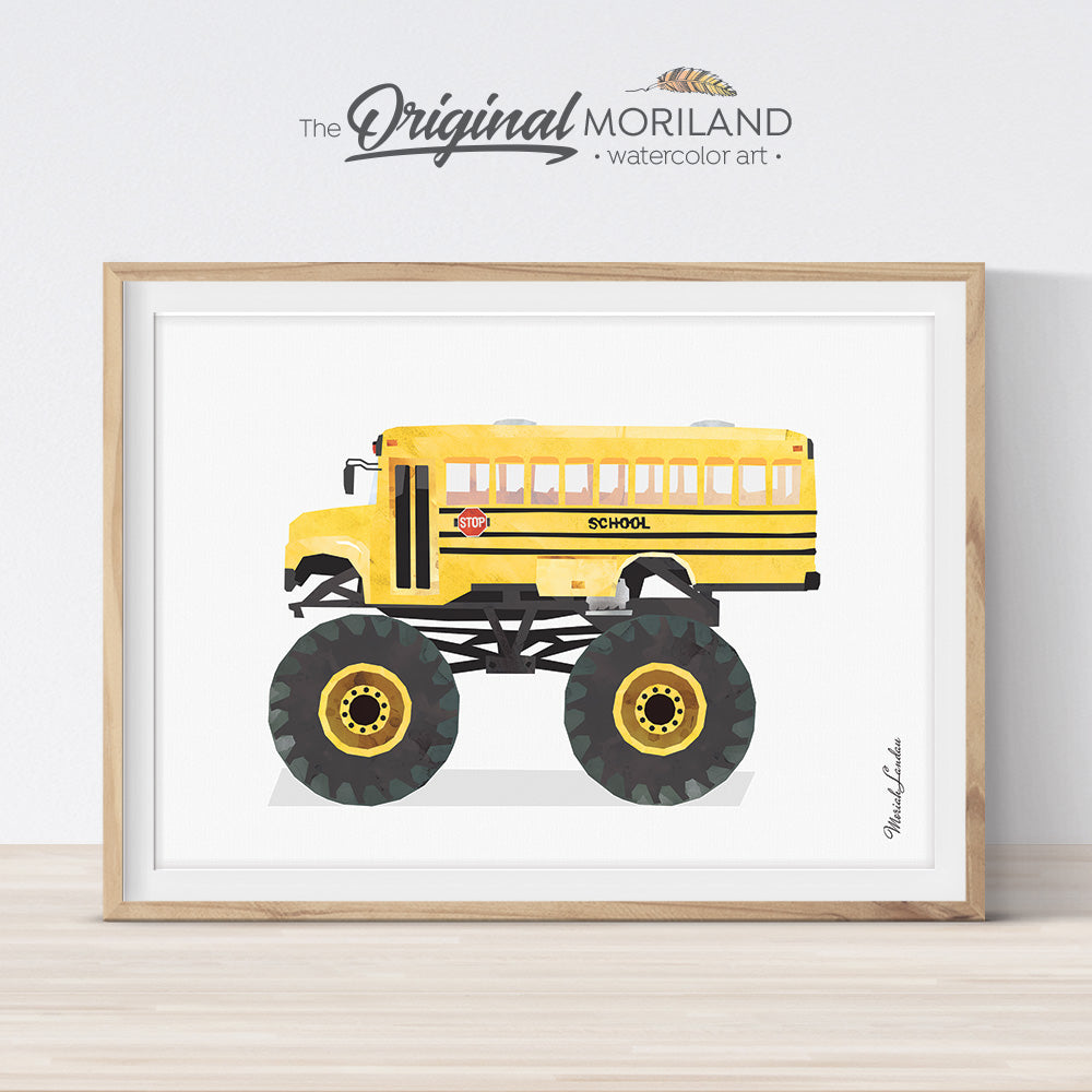 School bus monster truck printable for boy bedroom, preschool and classroom decor by MORILAND