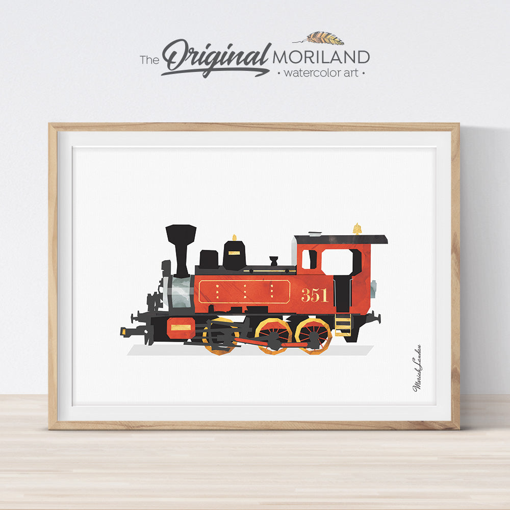 Red Steam Locomotive Train Watercolor Wall Art for Boys Bedroom and Playroom Decor