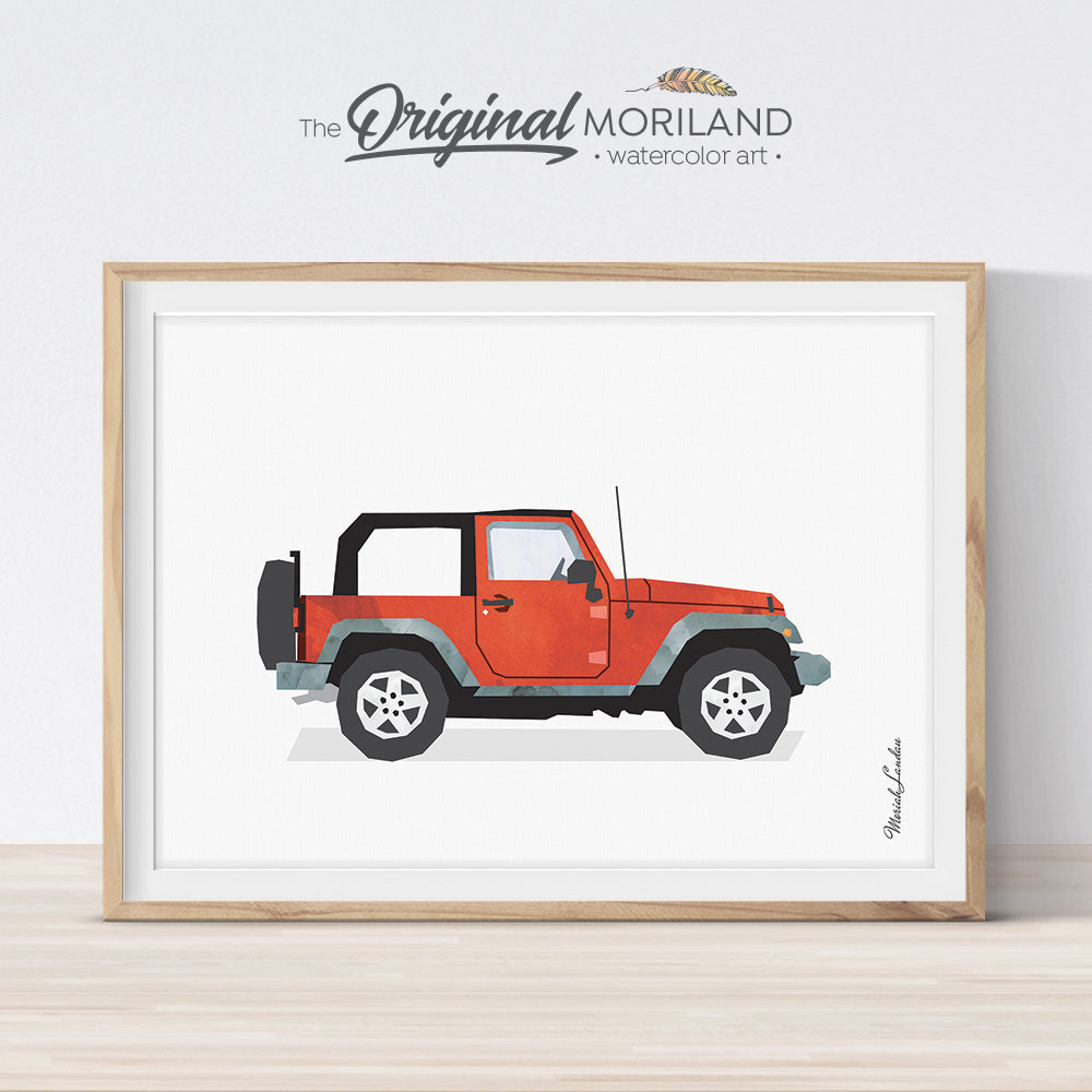 watercolor Classic Red Off-Road SUV vehicle wall art print for big boy and girl bedroom decor - by MORILAND
