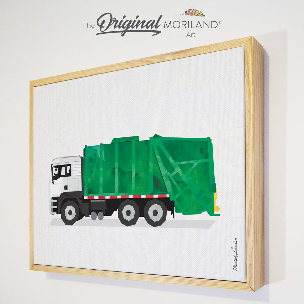 Green Garbage Truck - Framed Canvas Print
