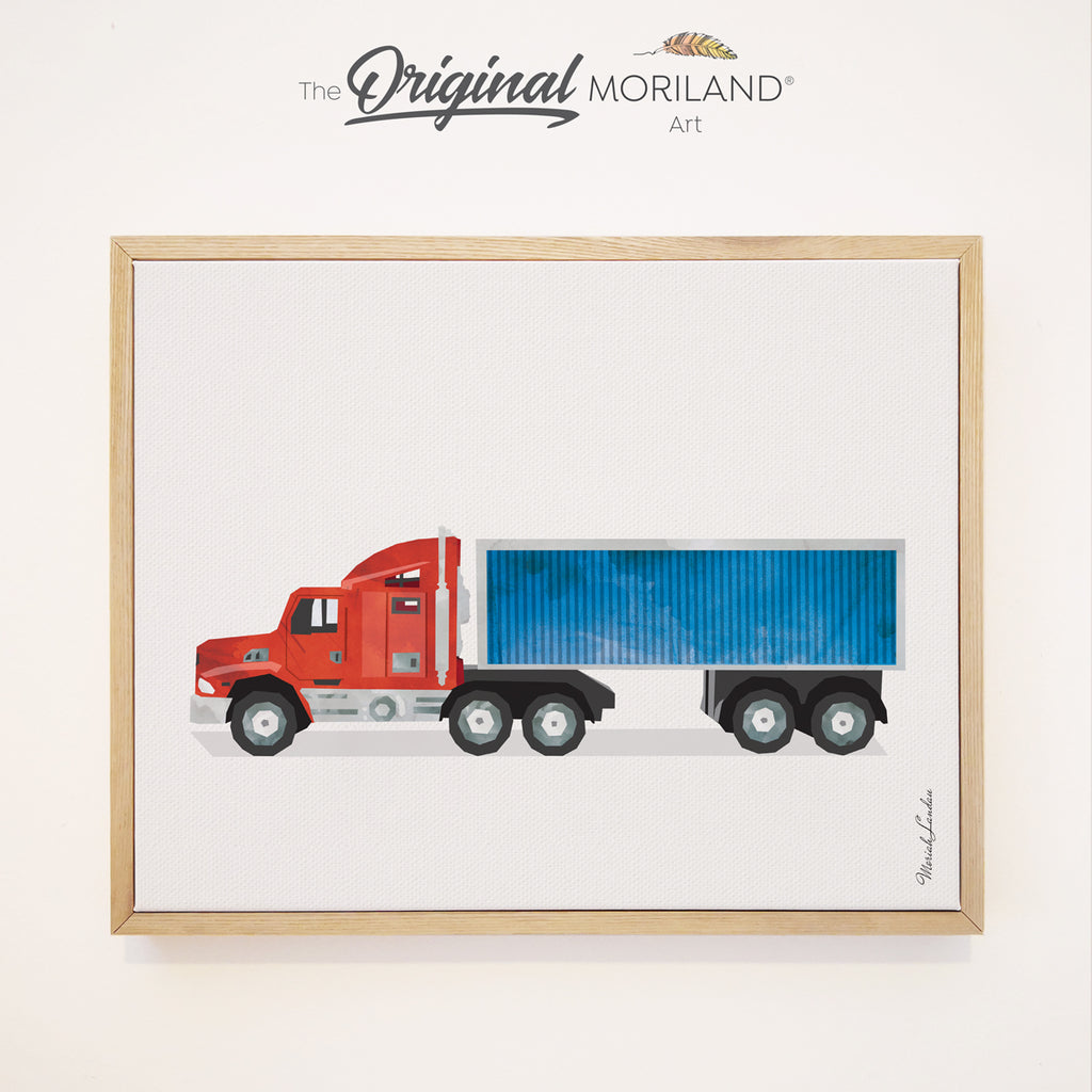 Semi Truck with Container - Framed Canvas Print,  Truck Print, Toddler Room Decor, Boy Nursery Decor, Truck Print, Transportation Decor, Vehicle Print, Kids Poster by MORILAND
