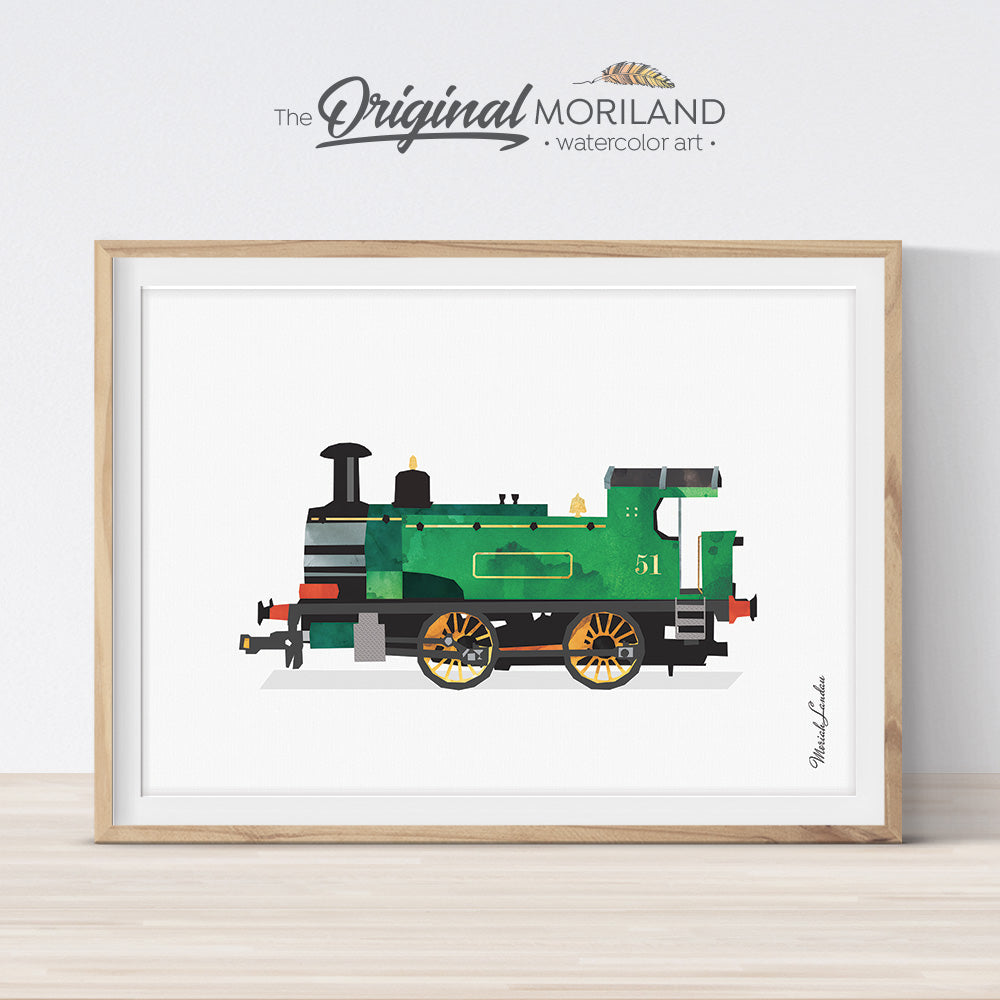 Watercolor train locomotive print for boy room decor by MORILAND