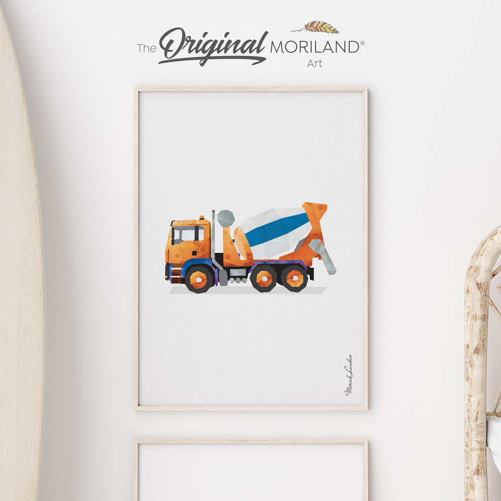 MORILAND - Unique Transportation Wall Art -  Orange Cement Mixer Truck | Vertical Fine Art Paper Print, Vehicle Print, Cement Truck Art, Construction Print, Toddler Room Decor, Boy Nursery Decor, Truck Print, Transportation Decor Kids Poster