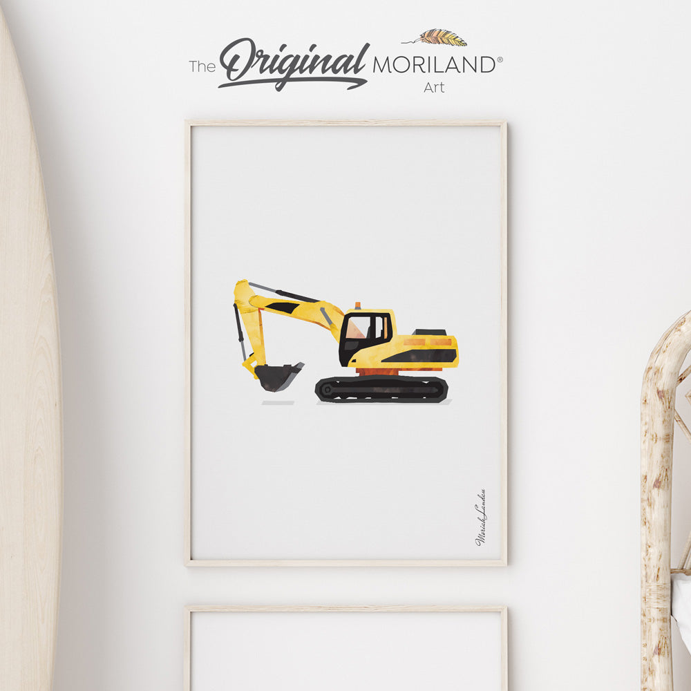 MORILAND - Unique Transportation Wall Art -  Excavator Truck | Vertical Fine Art Paper Print, Vehicle Print, Digger Truck Art, Construction Print, Toddler Room Decor, Boy Nursery Decor, Truck Print, Transportation Decor Kids Poster