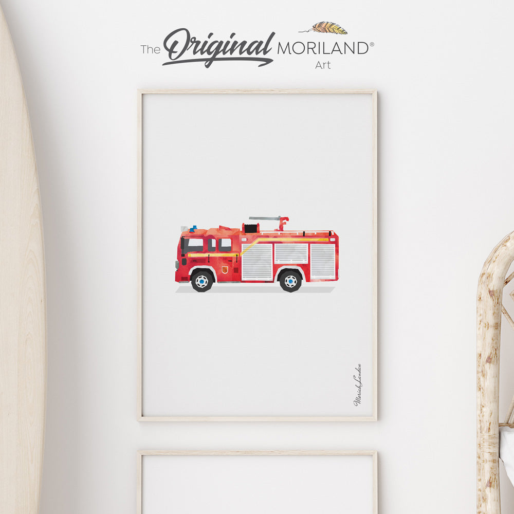 MORILAND - Unique Transportation Wall Art -  Firetruck | Vertical Fine Art Paper Print, Vehicle Print, Fire Truck Art, Construction Print, Toddler Room Decor, Boy Nursery Decor, Fire Engine Print, Transportation Decor Kids Poster