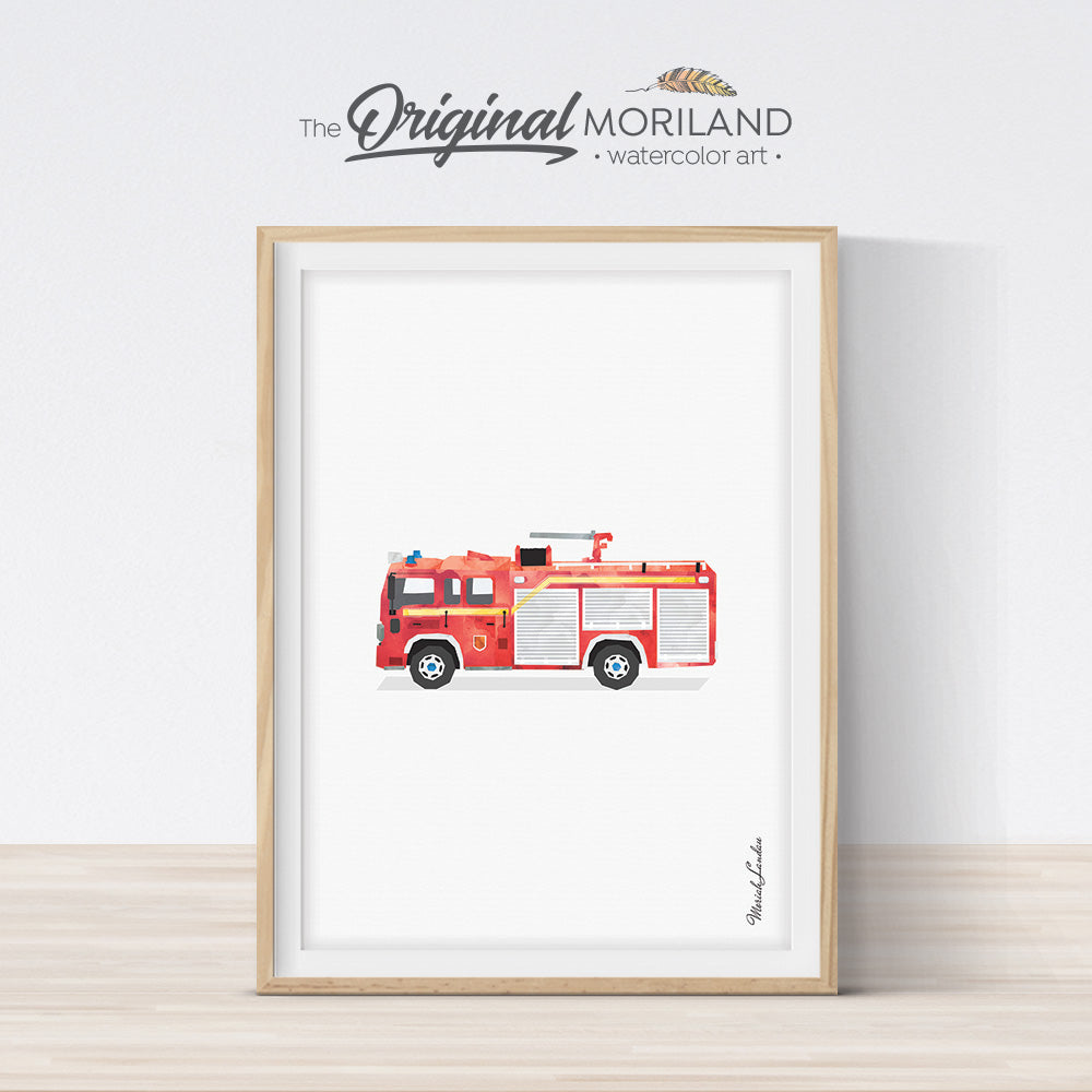 fire truck watercolor wall art print for boy room and nursery decor