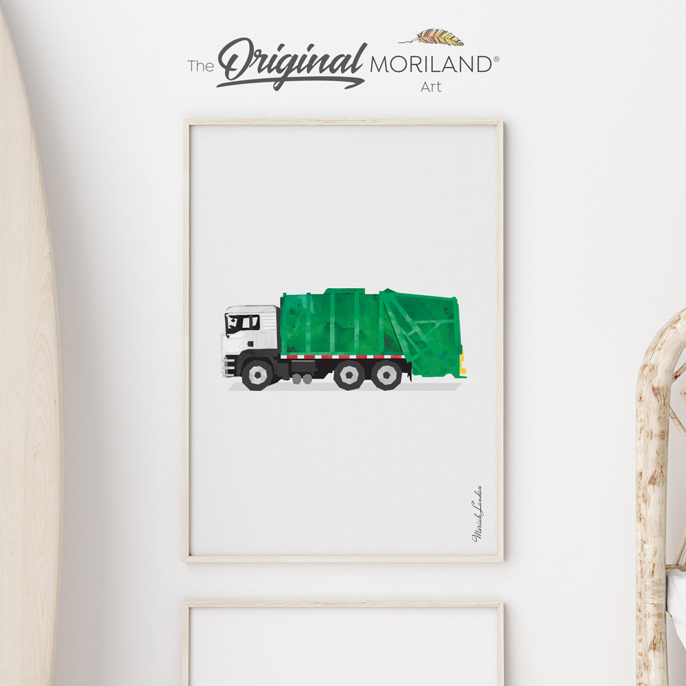 MORILAND - Unique Transportation Wall Art -  Green Garbage Truck | Vertical Fine Art Paper Print, Vehicle Print, Garbage Truck Art, Construction Print, Toddler Room Decor, Boy Nursery Decor, Transportation Decor Kids Poster