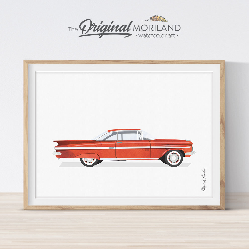Chevrolet Impala red classic wall art print for kids bedroom and playroom decor, watercolor illustration