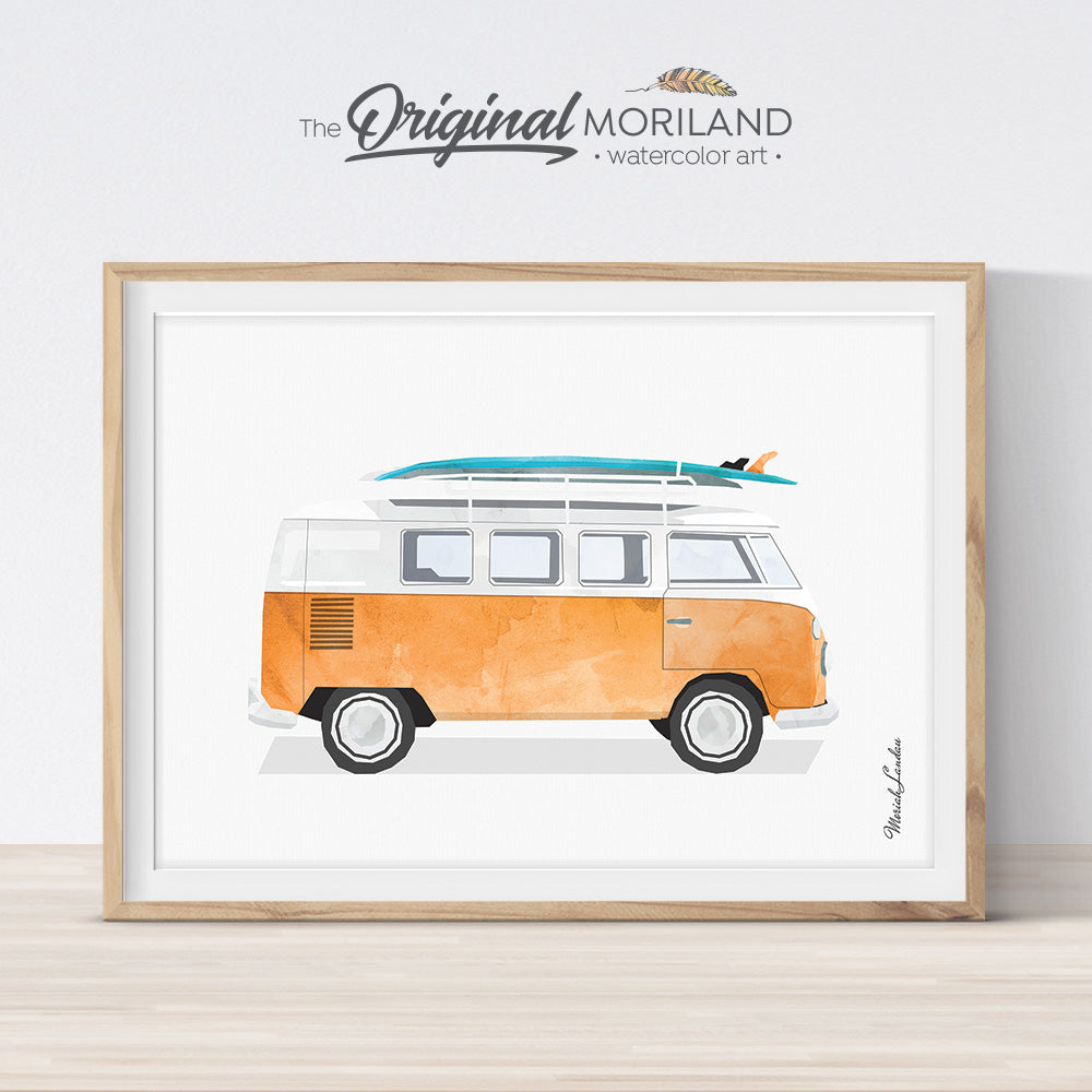 Orange Van Print with surfboard - Printable Art for kids room and nursery decor