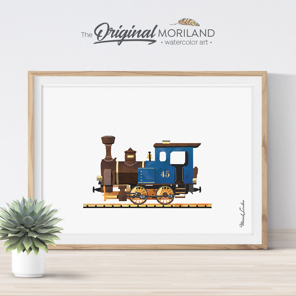 Steam Train Locomotive Watercolor Art for Boy room Decor