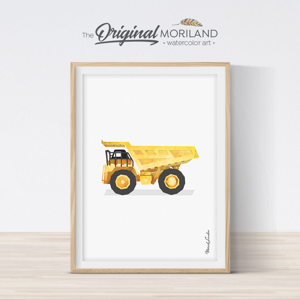 Dump truck watercolor wall art print for boy room and nursery decor