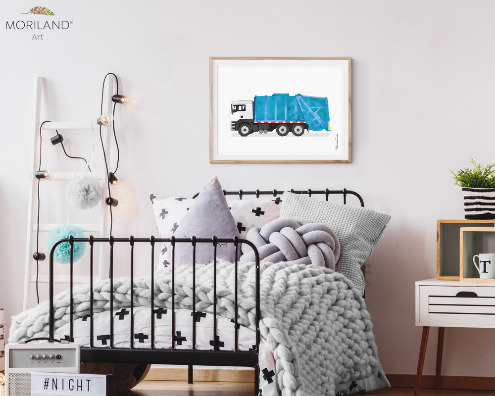 Blue & White Garbage Truck Print - Printable Art