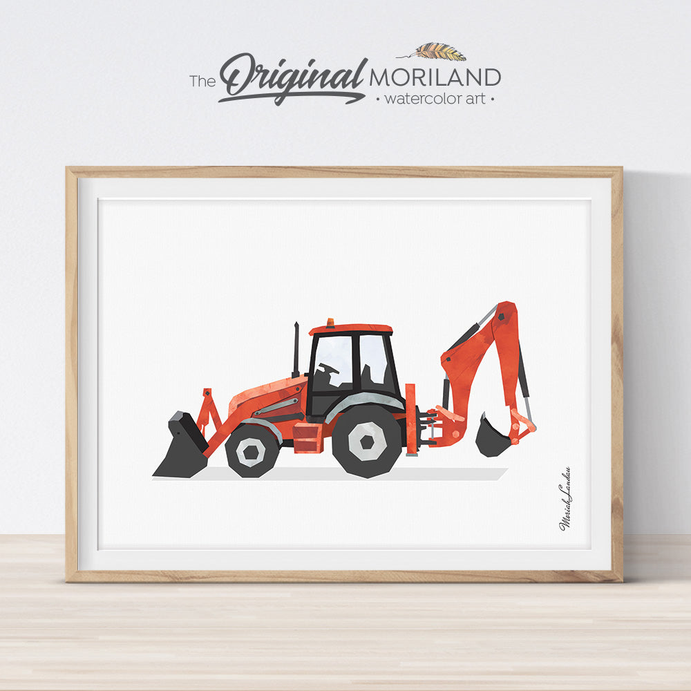 Red Digger Backhoe Wall Art Print for Boys Room Decor