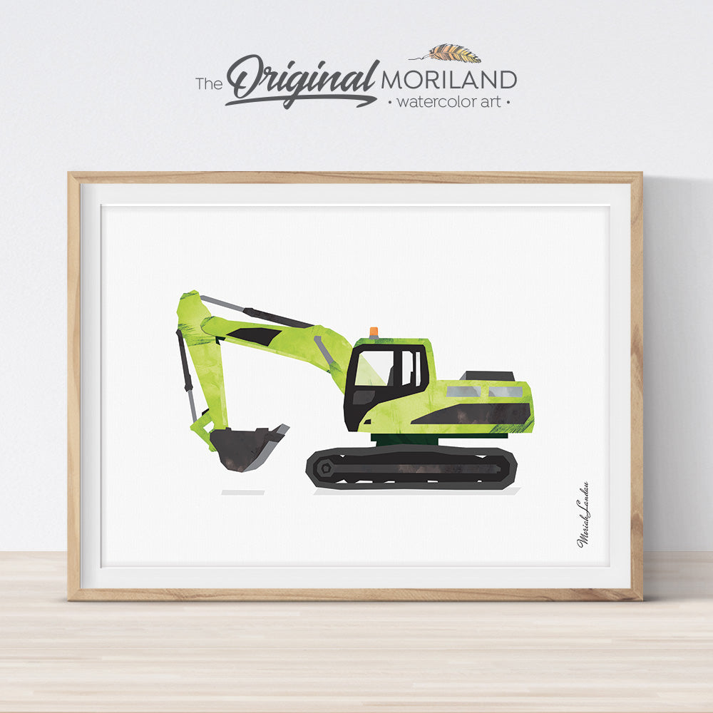 Green watercolor excavator digger wall art print for boy bedroom and nursery decor