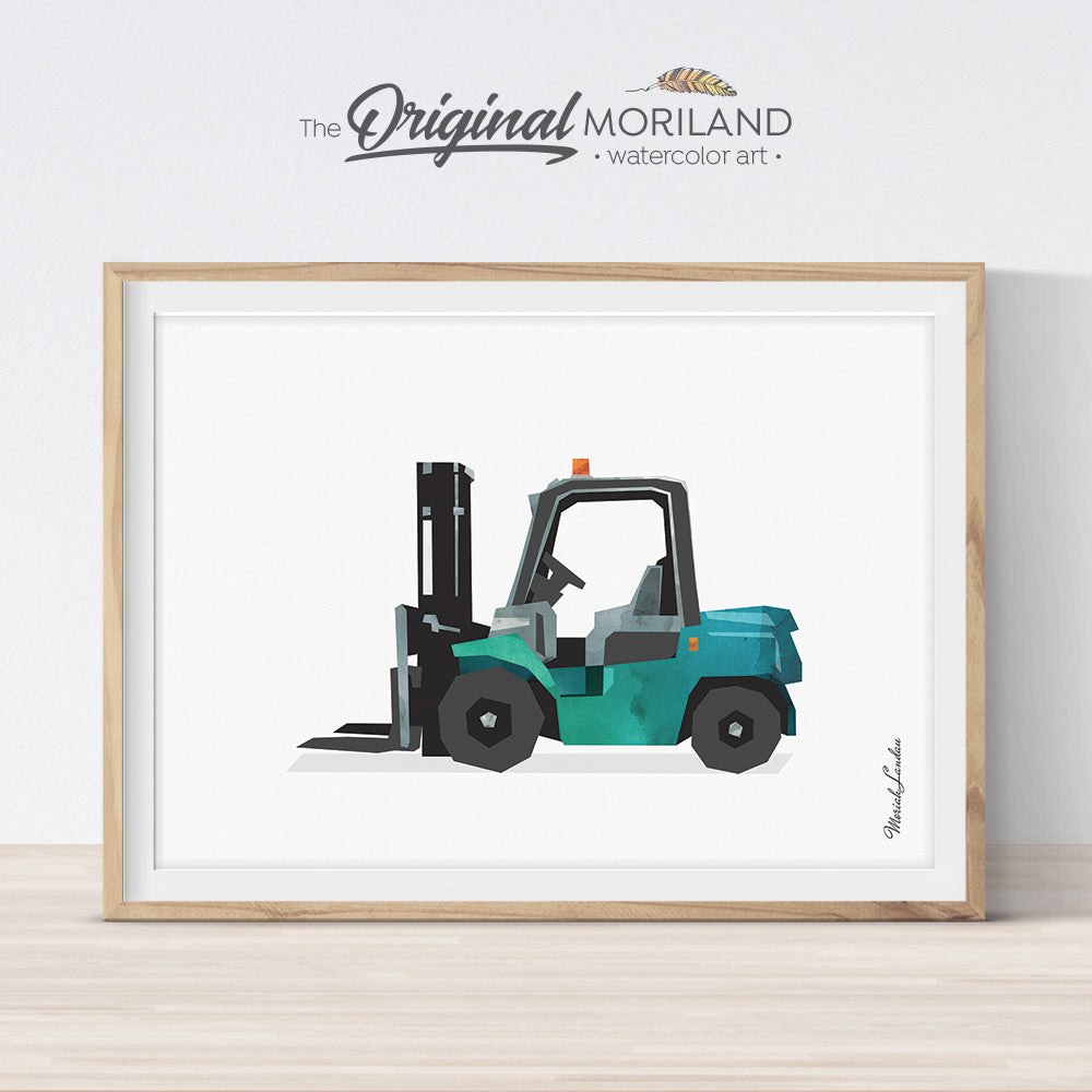 Watercolor green forklift art print for boy room decor by MORILAND