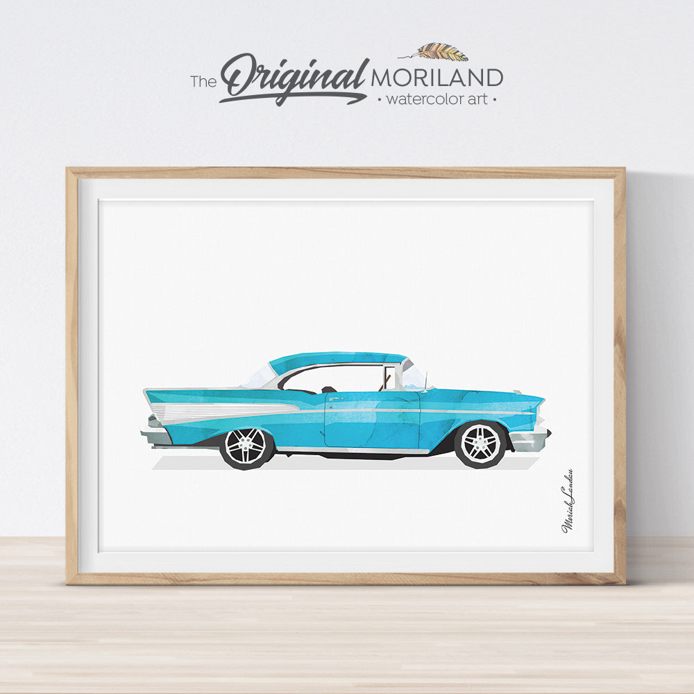 Chevrolet Bel-Air blue classic wall art print for kids bedroom and playroom decor, watercolor illustration