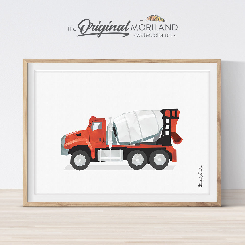 red cement mixer truck illustration wall art print for boy bedroom and nursery decor