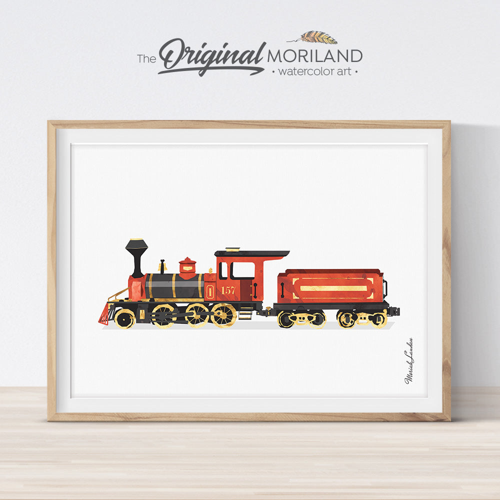 Red Watercolor Train Printable Wall Art for Toddler Bedroom Decor