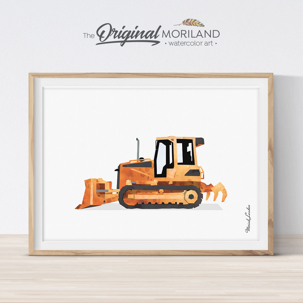 orange bulldozer watercolor wall art print for boy and toddler bedroom decor