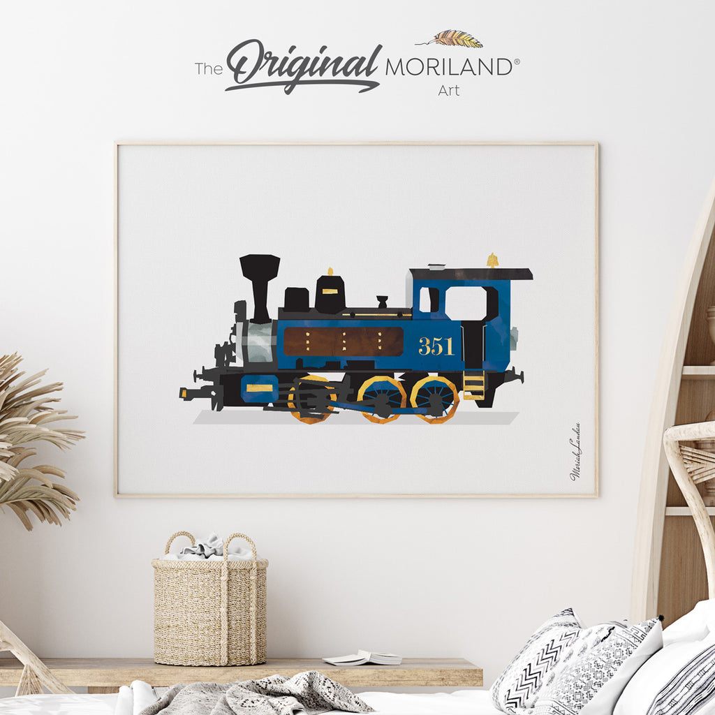 steam locomotive watercolor art for boy room decor by MORILAND