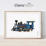 Blue Steam Locomotive Watercolor Wall Art for Kids Bedroom Decor