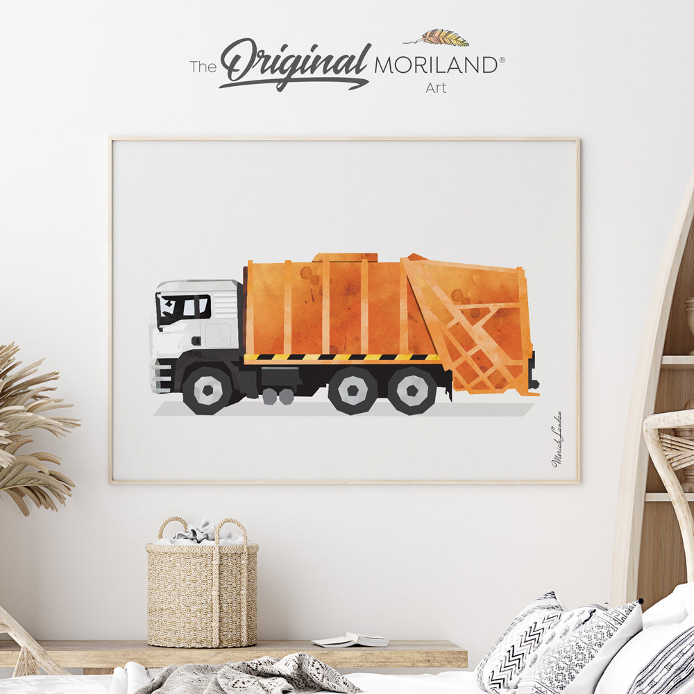 Orange & White Garbage Truck Fine Art Paper Print, Garbage Truck Print, Transportation Wall Art, Toddler Boy Bedroom Art, Garbage Truck Party, Kid Room Decor, Classroom Wall Art, Kids Poster