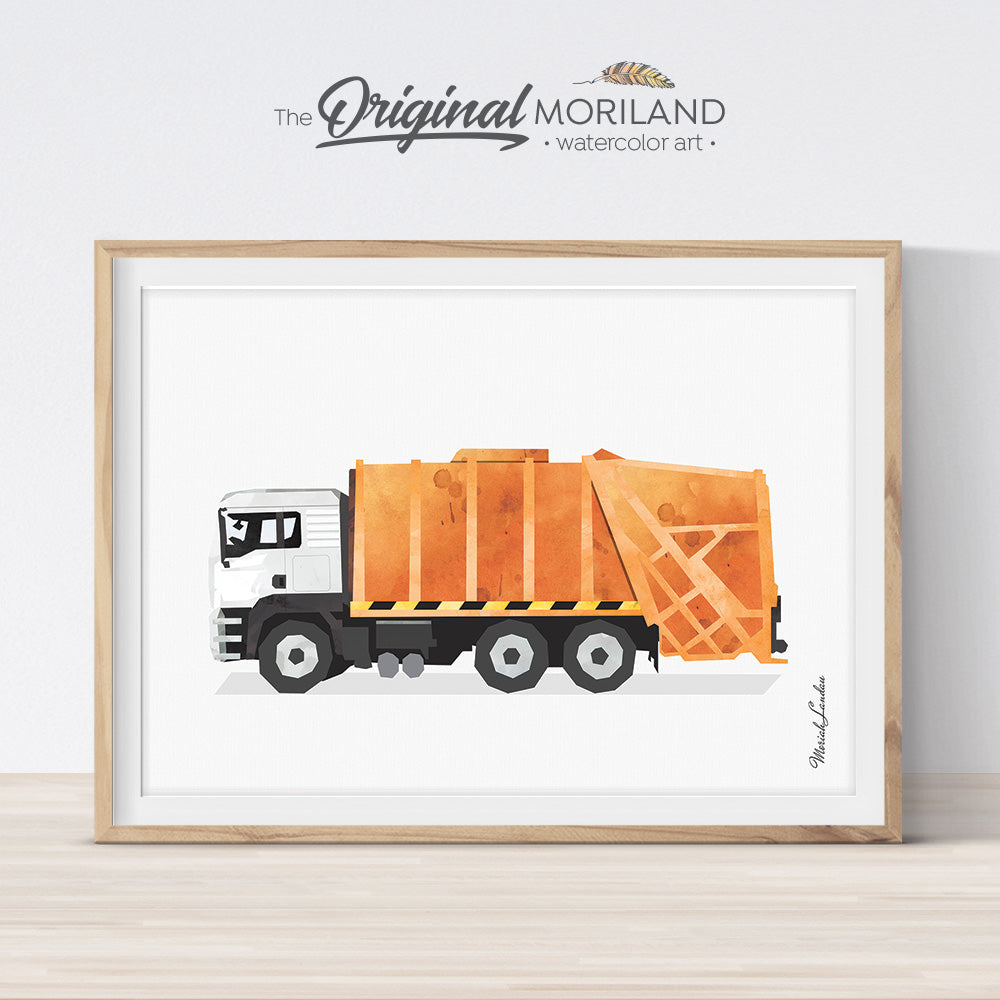 Orange watercolor garbage truck art print for big boy room decor by MORILAND