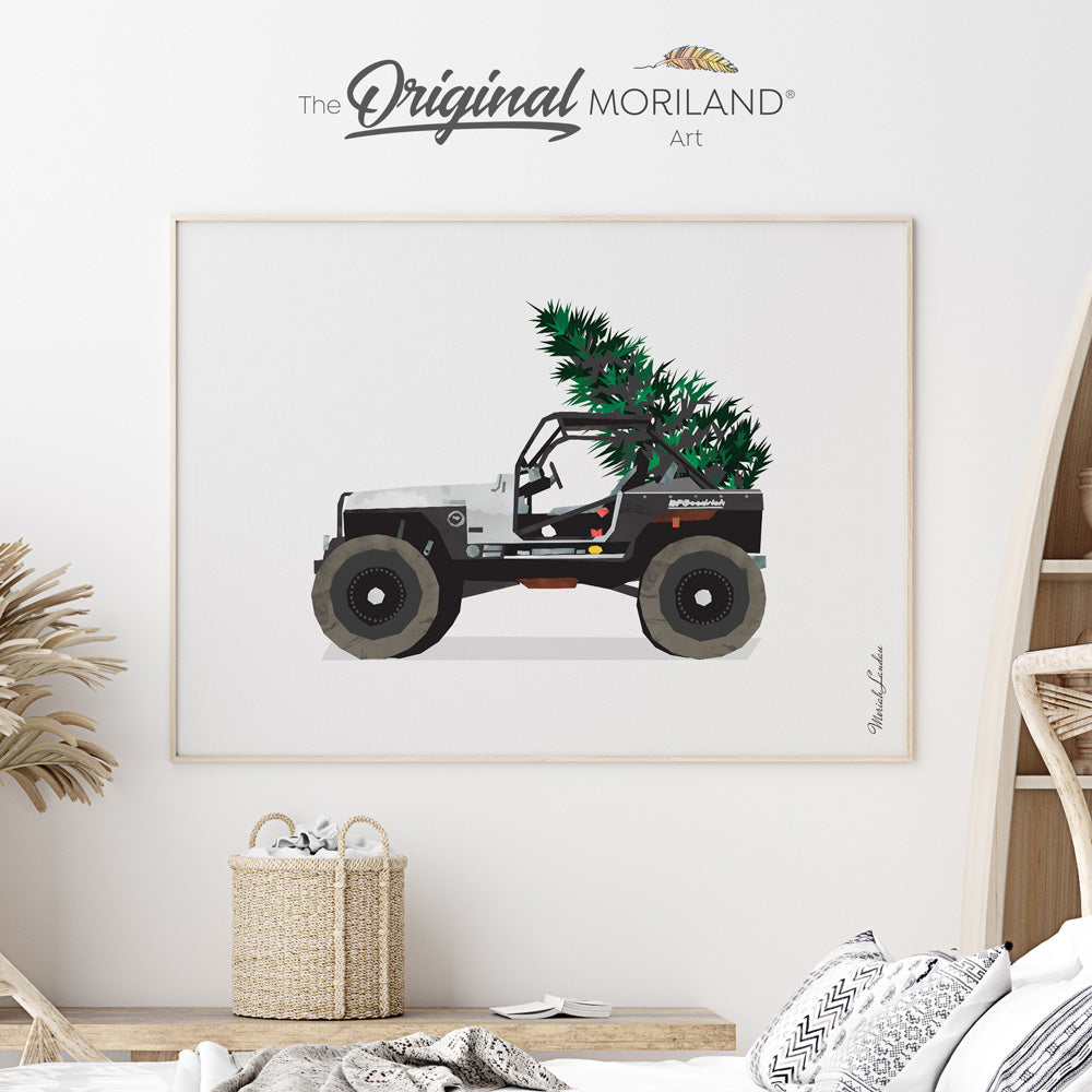 Christmas jeep with Christmas tree art print for holiday decorations by MORILAND