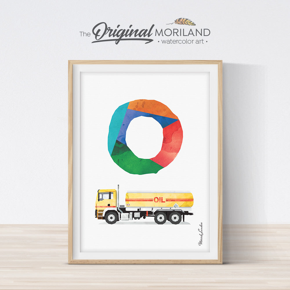 Transportation Alphabet Print letter O oil truck wall art for boys room