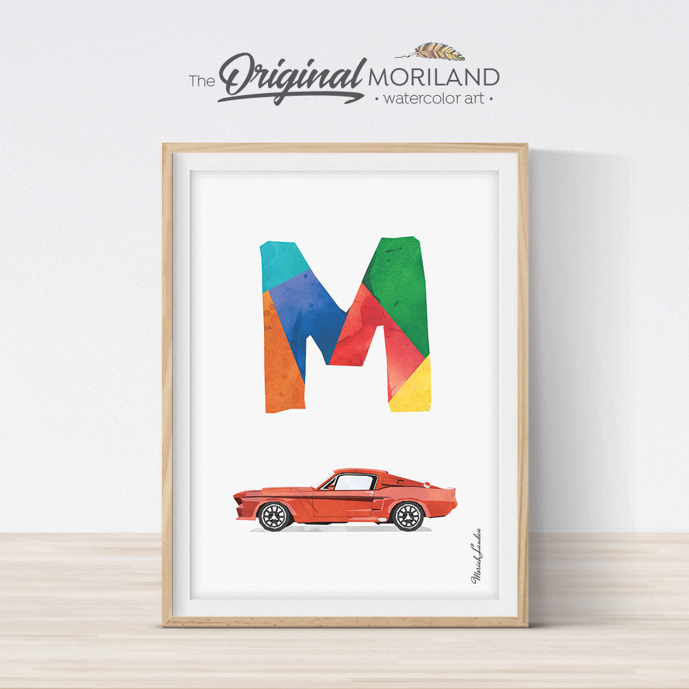 Ford Mustang Wall Art, Alphabet Letter M for boy room decor