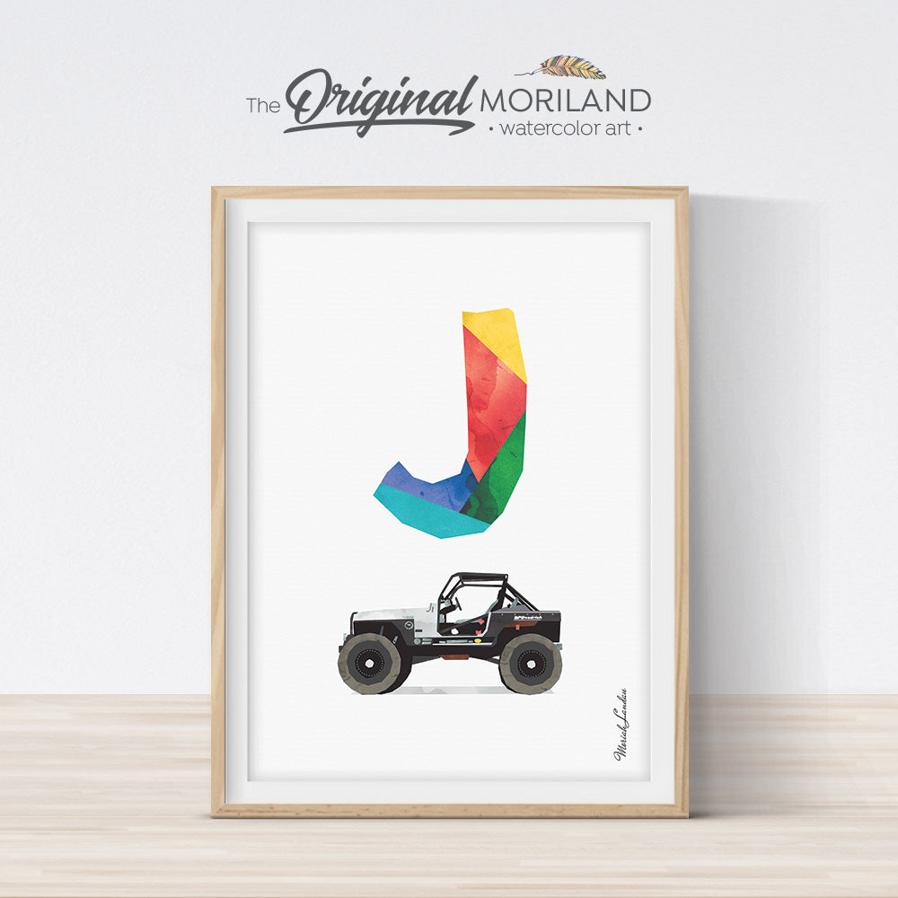 Alphabet Letter J Print Jeep Wall Art for Boy and Girl Bedroom Decor 