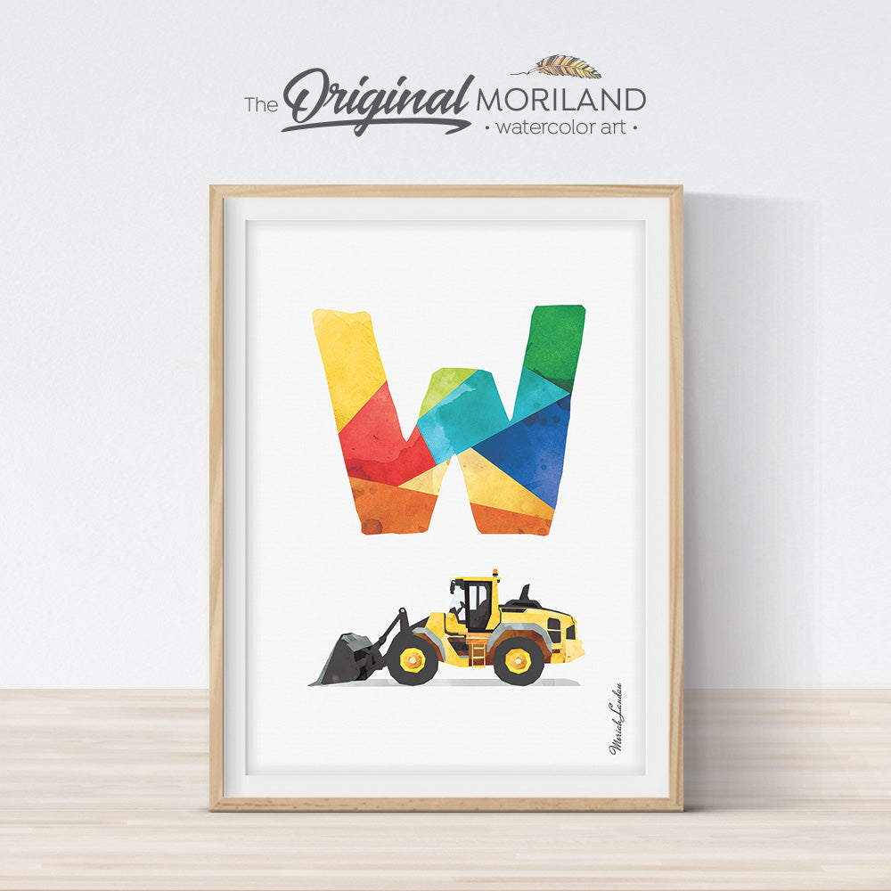 Construction Alphabet Letter W Wheel Loader Wall Art for Boys Room