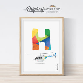 Alphabet Letter H Print with Helicopter, for boy bedroom decor