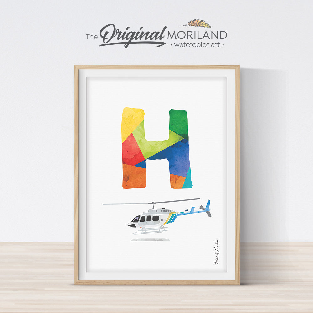 Alphabet Letter H Print with Helicopter, for boy bedroom decor