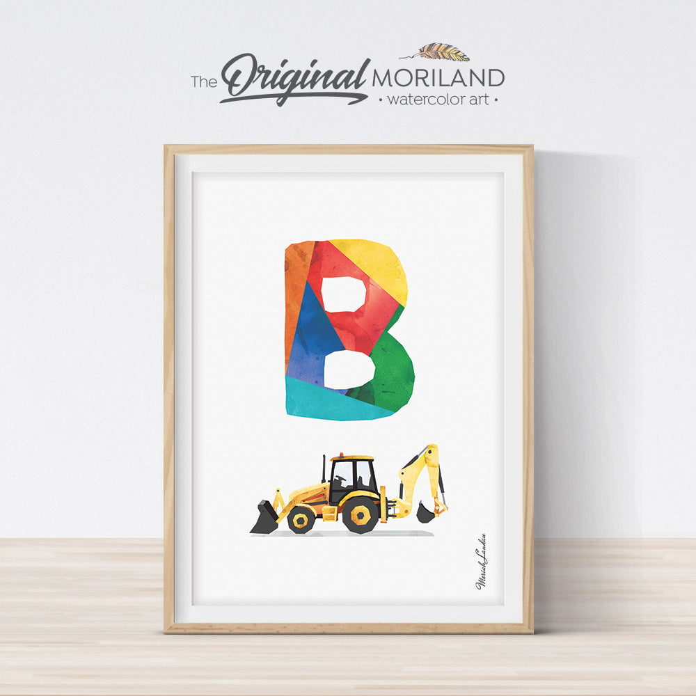 Alphabet Letter B Backhoe Digger Print Wall Art for boys room decor
