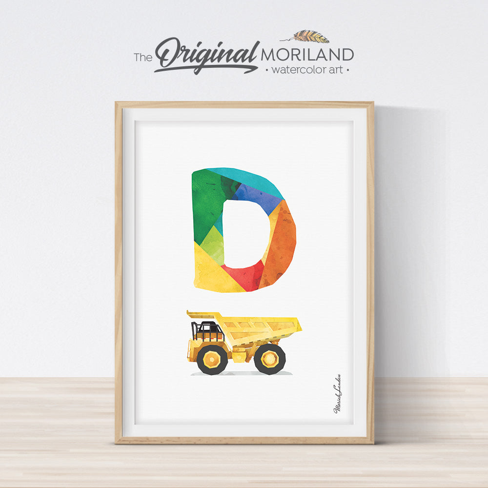Alphabet Letter D Dump Truck Wall Art Print for boy room decor