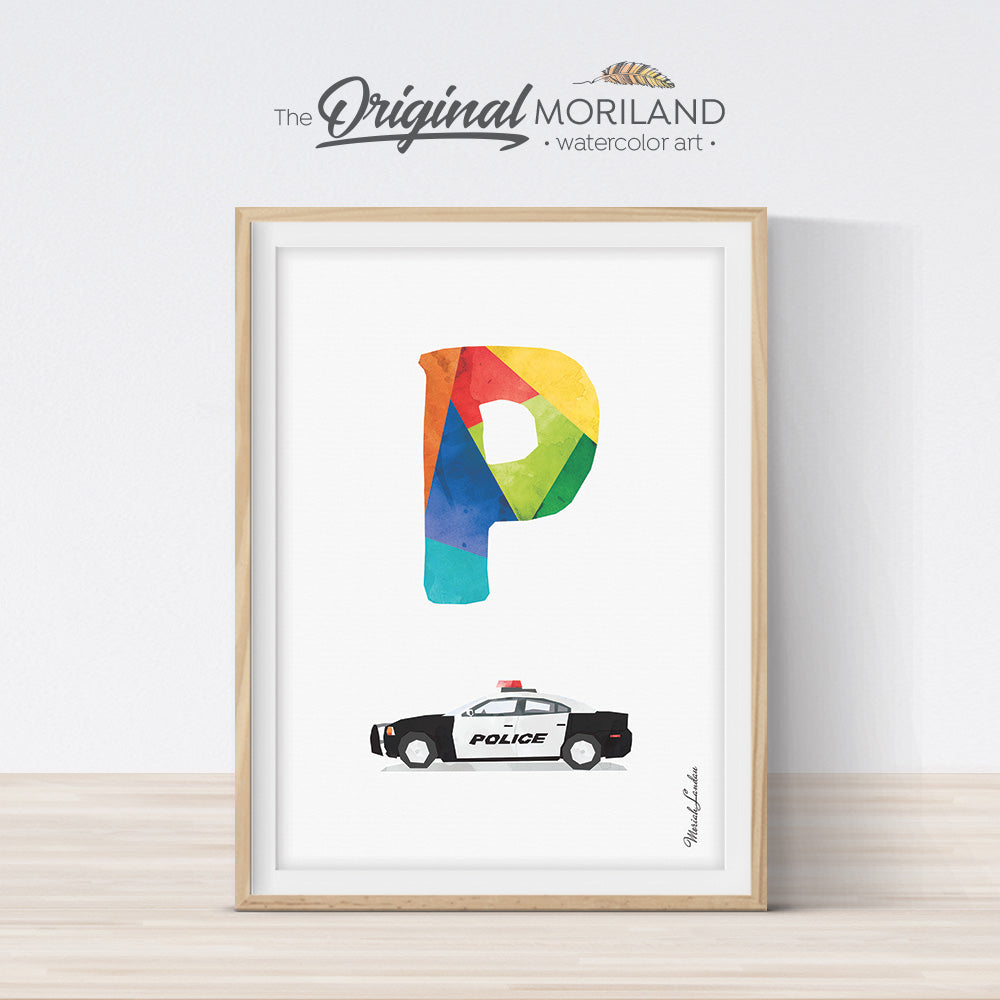 Letter P police car print wall art preschool and kids room decor