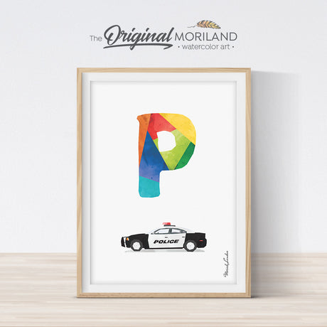 Letter P police car print wall art preschool and kids room decor