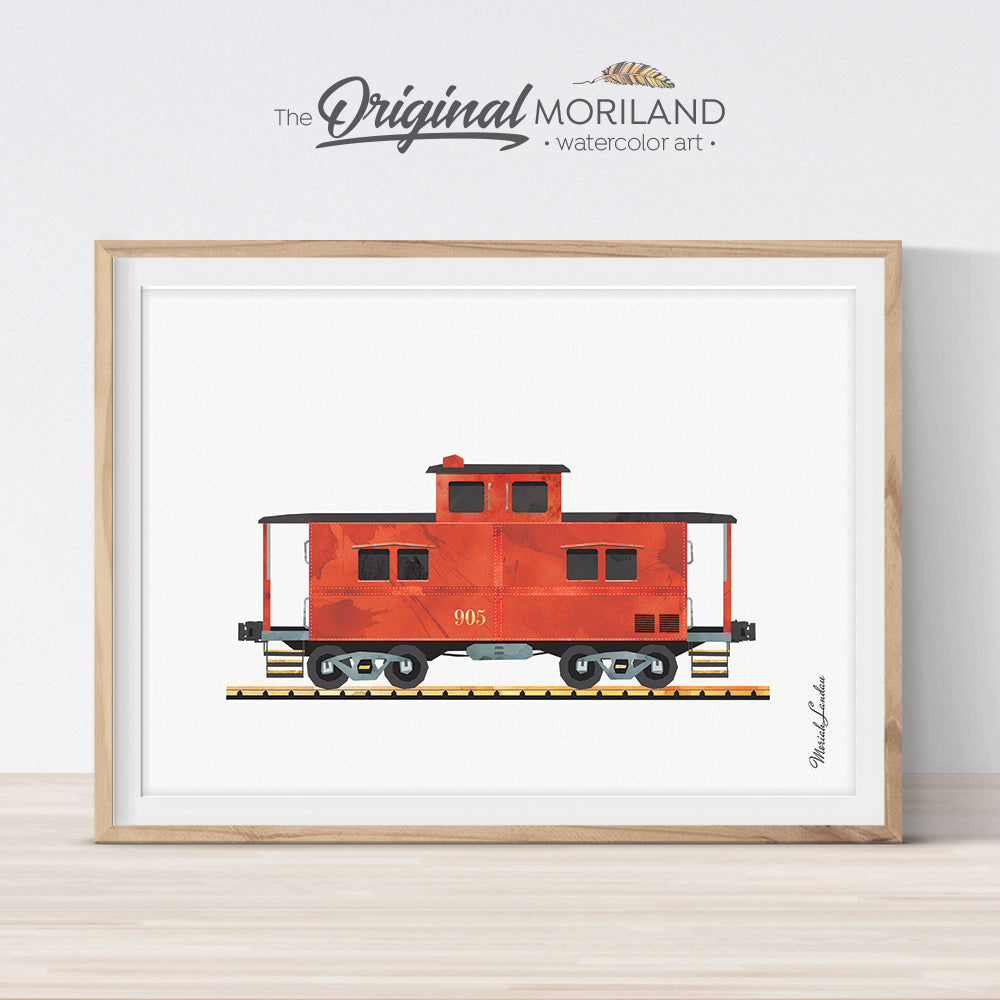 Caboose train watercolor wall art print for boy bedroom decor