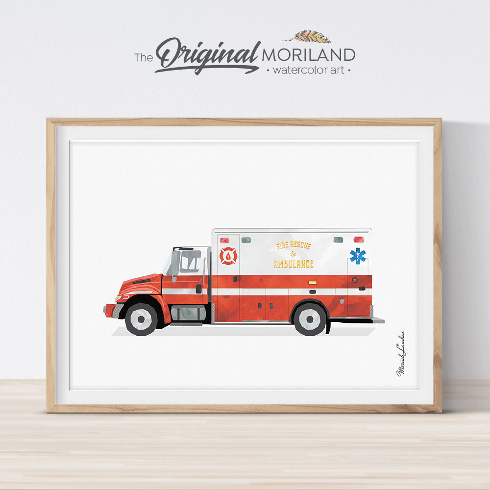 Firetruck Ambulance Print, Fire Truck Printable, Fire Engine Decor, Transportation Decor, Boy Bedroom Art, Toddler Boy Room Decor, Rescue