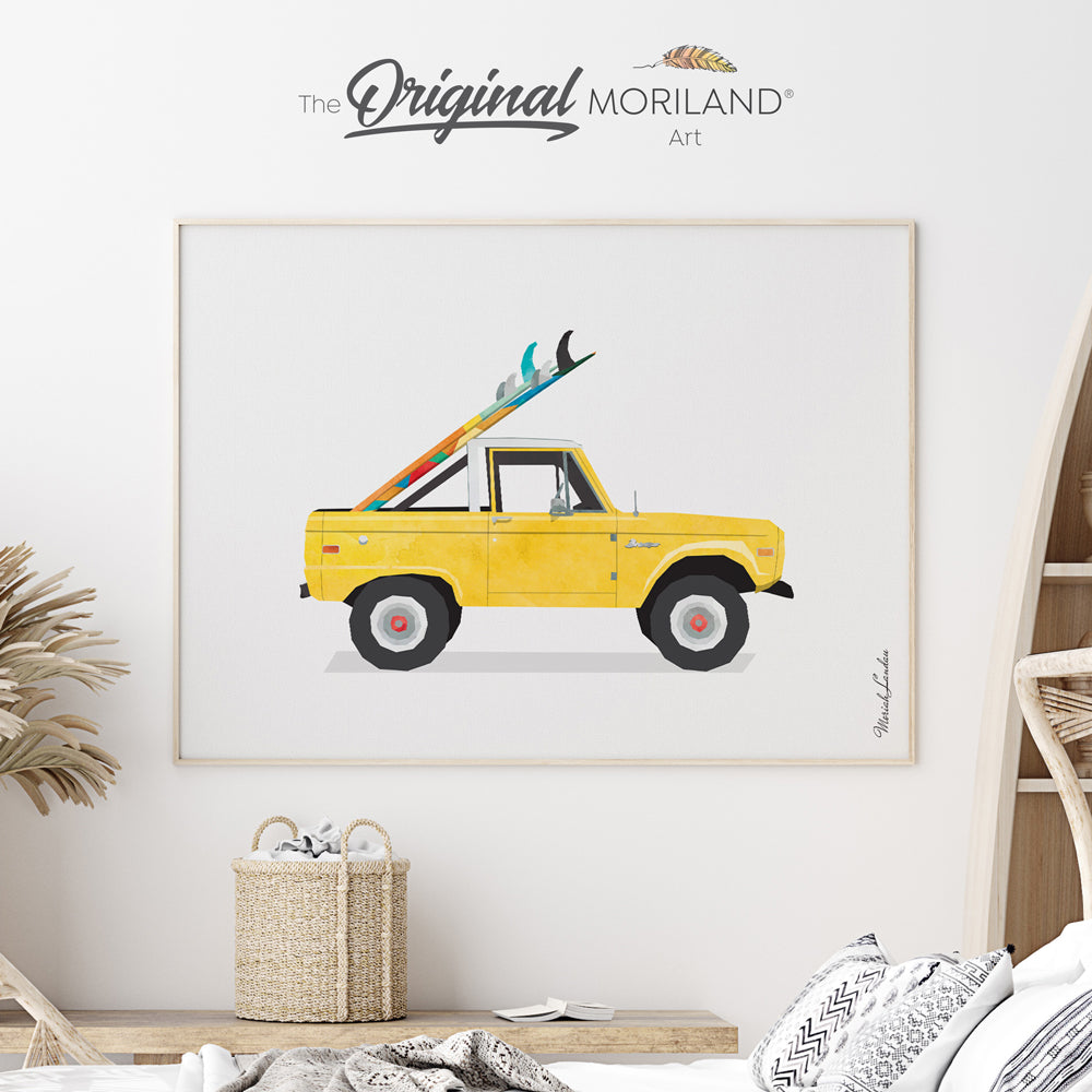 Surf bedroom decor, car with surfboard art print by MORILAND