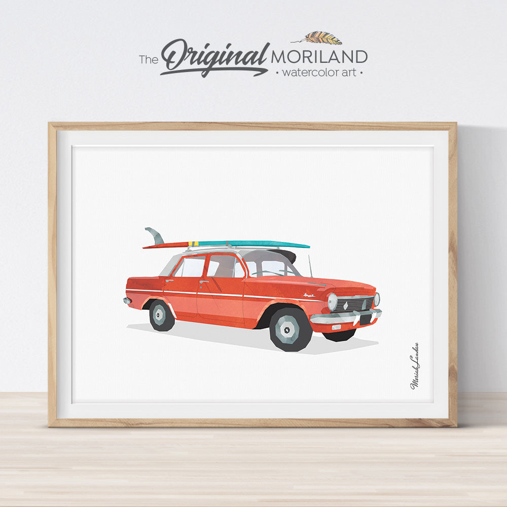 Vintage Holden car with surfboard wall art print for kids room decor