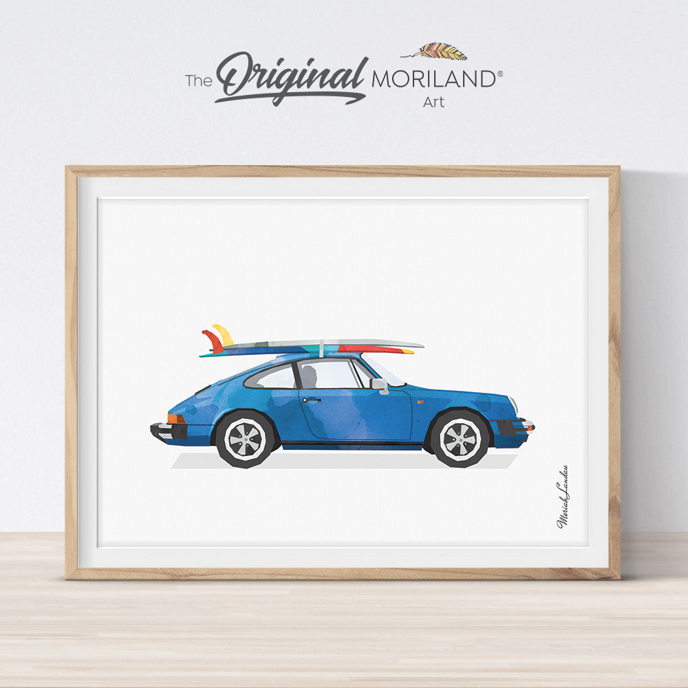 Porsche 911 with surfboard wall art print for boys room