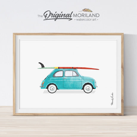 Fiat 500 Print with Surfboard Wall Art print for kids room decor