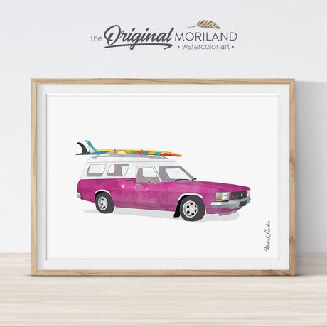 Vintage Holden car with surfboard wall art print for kids room decor