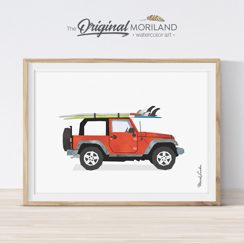 Jeep with surfboard wall art print for bedroom decor