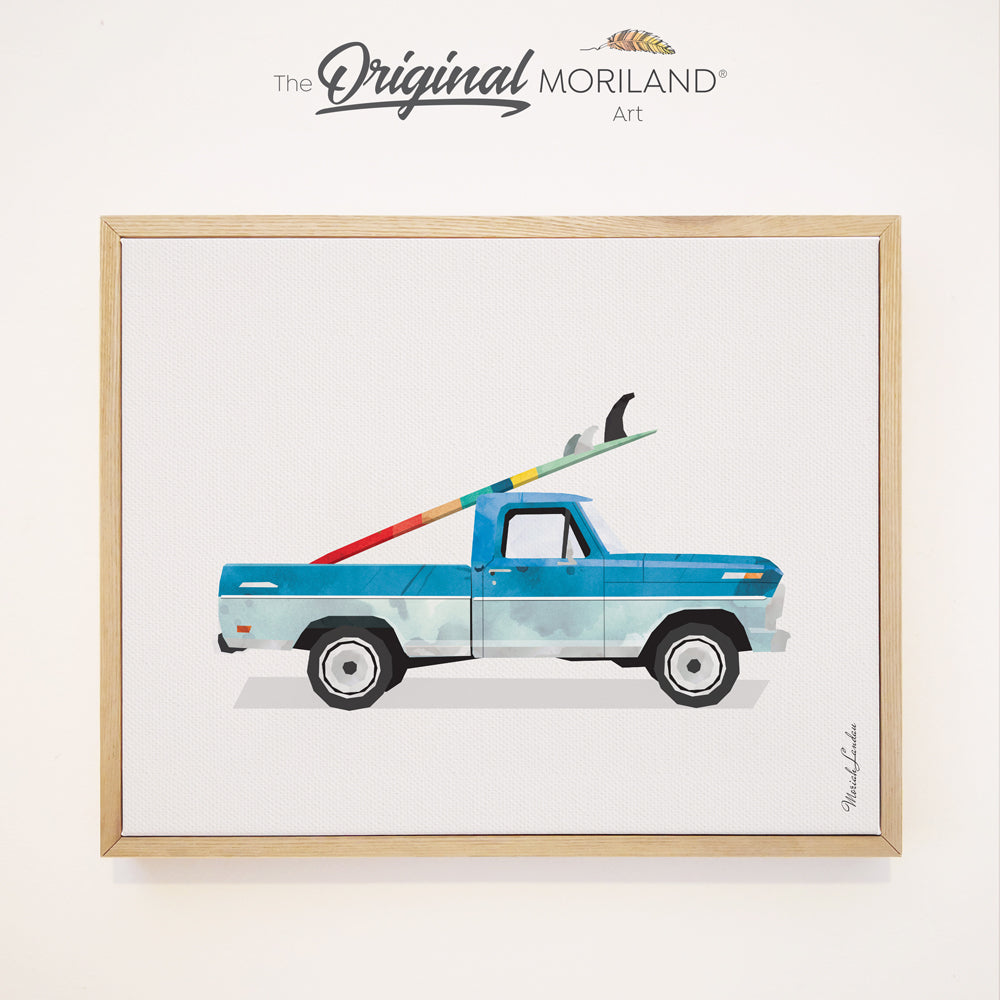 Pickup Truck with Surfboard - Framed Canvas Print